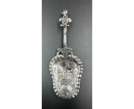 A Hunting themed silver caddy spoon by B Muller & Son, imported, hallmarked for Chester 1900