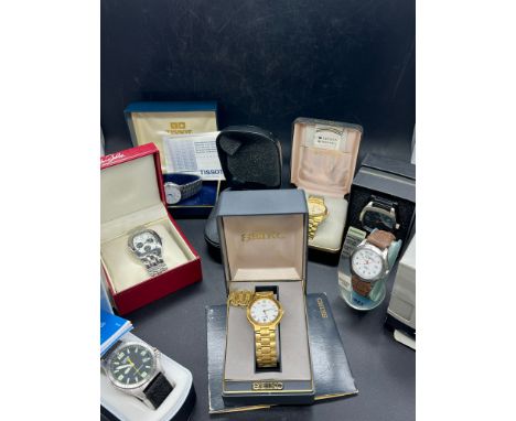 A selection of eight watches to include: Timex, Seiko, Tissot, Citizen, Lorus, Pulsar, French Connection.
