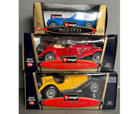 Three boxed Burago Diecast model cars, a Bugatti Atlantic, a Mercedes 500K Roadster and an Alpha Romeo 2300 Spider 