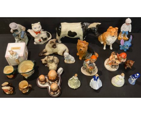 A Sylvac model of a Collie dog, number 5023; a Sylvac model of a terrier; two Beswick cat groups; a Goebel monk cruet set on 