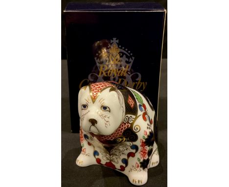 A Royal Crown Derby paperweight, Old Imari Bulldog, gold stopper, printed marks in red, boxed 