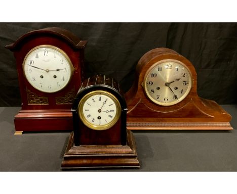 An Edwardian mahogany bracket clock, arched case, white enamel dial, Arabic numerals, Winsor Bishop, Norwich, brass bracket f