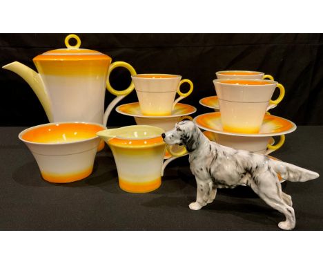 An Art Deco Shelly coffee set comprising coffee pot, cream jug and sugar bowl, six coffee cups and saucers, banded in shades 
