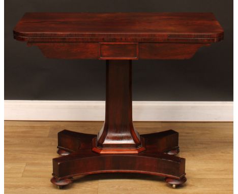 A William IV rosewood card table, hinged top enclosing a baize lined playing surface, panel column, moulded socle, incurve re