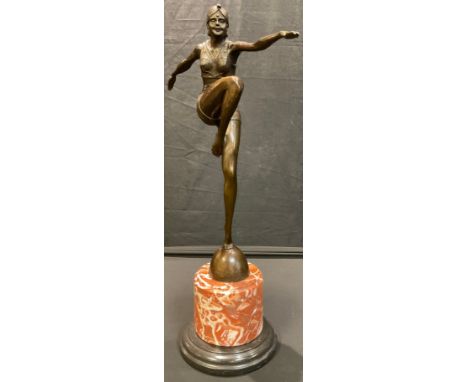 J. Philipp, after, an Art Deco style bronzed metal model of a dancing girl, marble plinth, 56cm high overall 