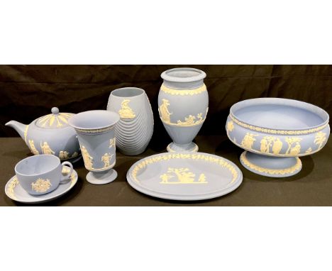A Wedgwood Jasperware teapot; others, pedestal fruit bowl, vases, cup and saucers, etc (8) 