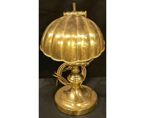 An adjustable brass desk lamp, shell shaped shade, 34cm 