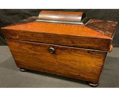 A Victorian rosewood sarcophagus tea caddy, hinged cover enclosing a pair of lidded compartments, c.1850 