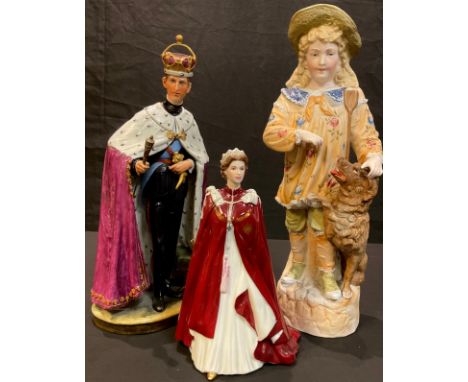 A late 19th century German porcelain figure, Faithful Companion, 39cm; an Italian figure by Merli, Prince Charles, signed, 35