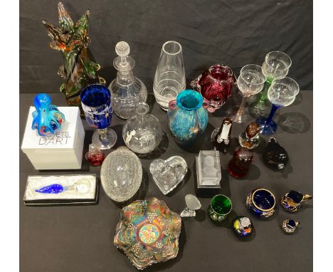 A crackle glass witch's ball; a cut glass decanter; studio glass; glass paperweights including octopus, Langham Glass model m