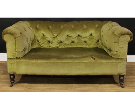 A Victorian Chesterfield sofa, stuffed-over deep button upholstery, turned forelegs, ceramic casters, 80cm high, 168cm wide, 