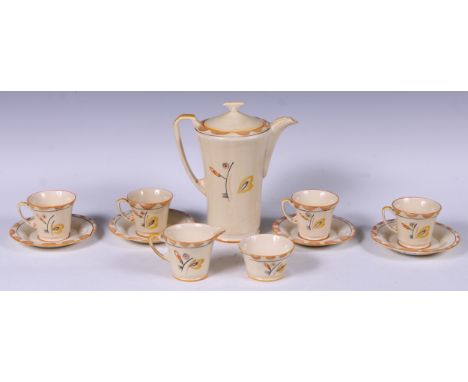 A Crown Devon Fieldings coffee service, for four, comprising coffee pot, coffee cans, saucers, sucrier and cream jug 