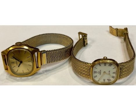A lady's Omega gold plated watch, rounded square dial, Roman numerals, original winder and integral bracelet strap; a lady's 