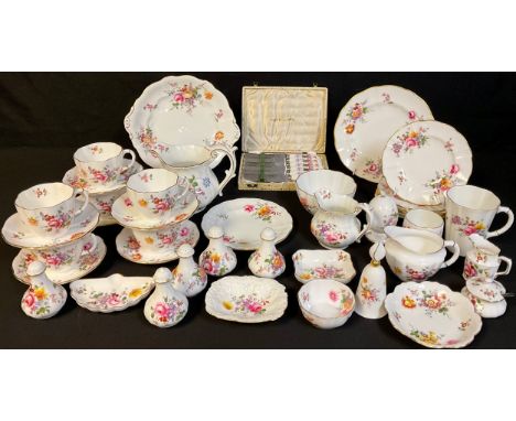 A Royal Crown Derby Posies tea service for six comprising cake plate, cream jug, sugar bowl, knives, side plates, cups and sa