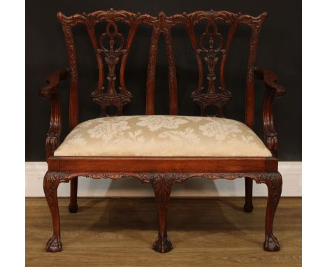 Miniature Furniture - an Irish Chippendale design mahogany double chair back sofa, Cupid’s bow cresting rail carved with acan