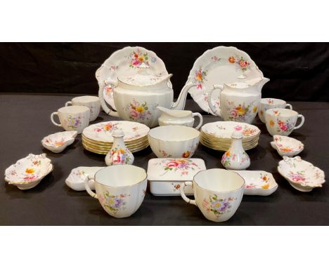 A Royal Crown Derby Posies pattern tea set, comprising large teapot, hot water jug, milk jug and sugar bowl, six teacups, sau