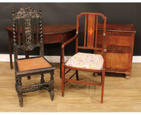 A 19th century mahogany commode, 73cm high, 59cm wide, 52cm deep; a demilune side table, formerly the end section of a dining