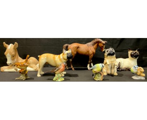 A Beswick model of a French Bulldog; another, Pug; a Beswick Siamese cat; Beswick bird models; a Royal Doulton model of a hor