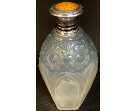 An Art Deco iridescent glass scent bottle, silver and enamel top, 12cm 