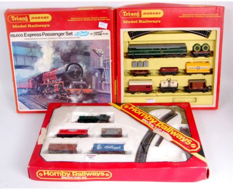 Triang Hornby RS609 and RS651 train sets, Hornby goods set GWR tank engine, some contents incorrect, boxes fair (G-BF)