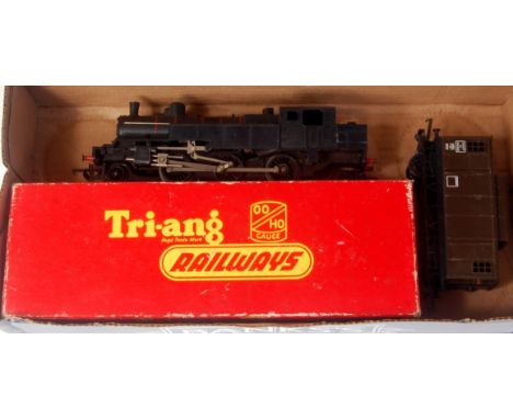 A Triang black 2-6-2 French outline tank engine, single dome, in wrong box (G-BG), and a French brake van (G)