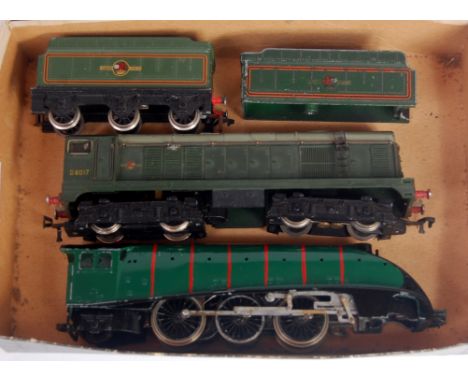  Hornby Dublo class A4 engine only, repainted Bo-Bo diesel locomotive, castle tender and tender body, all for restoration of 