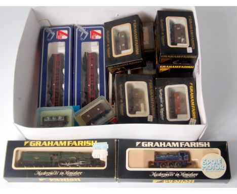 British outline N gauge 'Monmouth Castle' engine and tender, NCB saddle tank engine, 3 BR Mk 1 coaches, and 12 wagons, by Gra