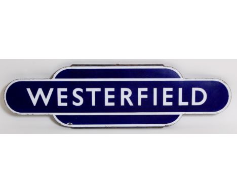 A BR(E) totem sign 'Westerfield', white on blue enamel, half flanged, with edge chipping and 1 notable face chip, otherwise v