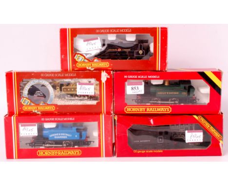Hornby R150, R794, R077, 0-4-0 tank engines (G-BG), R315 0-6-0 tank engine (G-BF), R253 black dock shunter in box outer only 