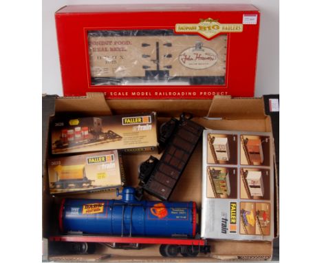 A large tray of G items including Bachmann Big Haulers L freight car, billboard reefer 'John Harvard's Brewhouse' item No. 98