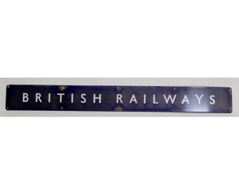 British Railway BR, enamel white on blue strip sign to read 'British Railway', enamel loss to fixing holes, water damage to b