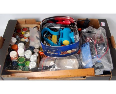 Tray containing paints and small tools, ex model makers workshop (G)