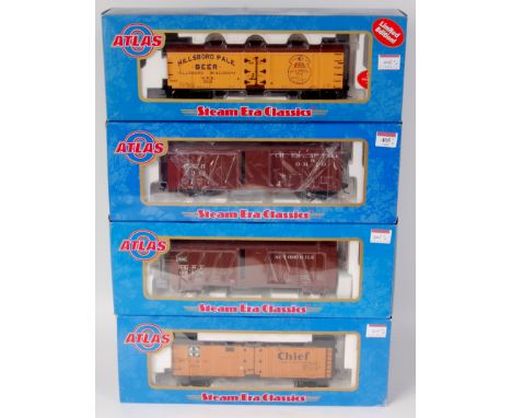 4x Atlas Steam Era Classics including Chesapeake & Ohio single-sheathed box car item 7466-1, Santa Fe 40' steel reefer car it