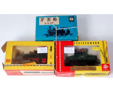 Early Fleischmann DB black 2-4-0 tank engine box end flap missing (G-BD), 4300 DB green steeple cab electric locomotive (G-BG
