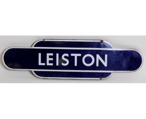 A BR(E) totem sign 'Leiston', white on blue enamel, half flanged, the sign has a few edge chips and face chips, lettering ver
