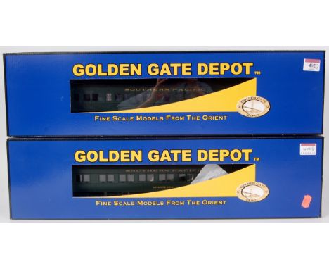 2x Golden Gate Depot green Southern Pacific sleeper cars named 'McAndrews' and 'McKimm' (VG-BG)