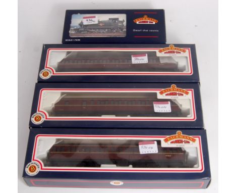 A Bachmann 32-135Z BR lined green small prairie tank engine no. 5553 (M-BM) together with 34-627, 34-675 and 34-700 BRCW1 mar