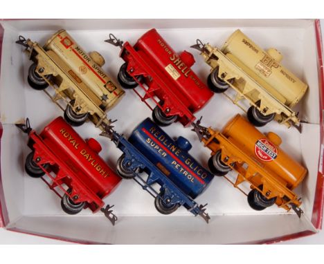 6x prewar Hornby tankers including 1934-6 BP, 1936-41 M3 Shell, 1931-3 Pratts (round logo), 1936-8 Shell-Mex BP, 1934-41 Redl