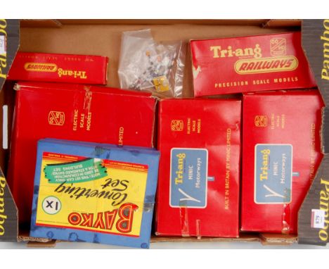Mixed lot Triang R111 hopper wagon TC series (G-BG), R140 signal gantry (F-BG), Minic Motorways M1803, M1804, M1808 building 