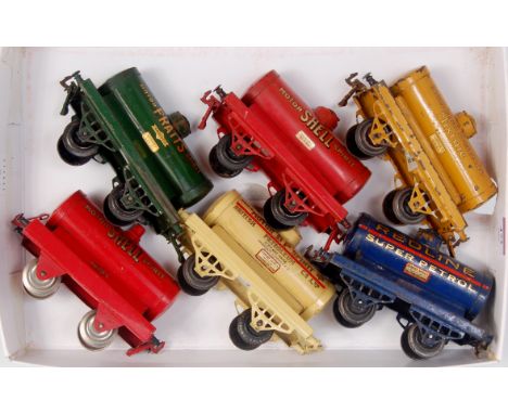6x prewar Hornby tankers including 1922-3 Shell, 1924-7 Shell, 1924-7 National Benzole, 1927-8 Pratts, 1928-30 Redline, and a
