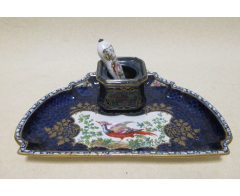 A Booth's type 'Worcester' blue scale inkstand together with a Dresden-handled desk seal  