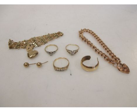 Two 18ct and diamond rings, a 9ct and white hardstone ring, a gate bracelet and a curblink bracelet both with 9ct padlock cla