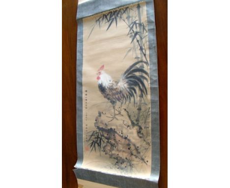 A Chinese scroll painting of a cockerel, signed Deng Rao Zhu, 94 x 43cm (37 x 17 in)  The scroll is lacking its top bar and h