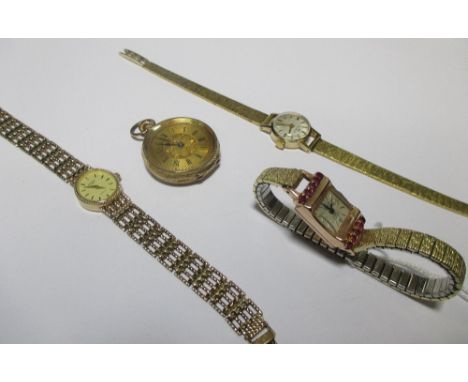 A ladys Avalon ruby set wristwatch, the case stamped 14k to interior, on later strap, together with a ladys Swiss fob watch s