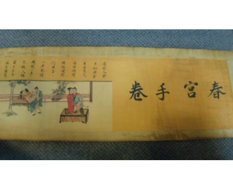 A Chinese 'Summer Palace' scroll printed with ten sexual conjunctions, 197 x 19.5cm (77.5 x 7.75 in)  Some creasing due to ha