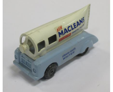 Triang Minic Push and Go Van "Macleans", toothpaste-tube van in plastic with pale blue body and white toothpaste tube to top,