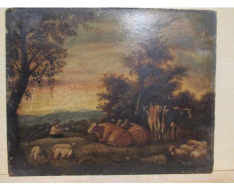 Italian School (19th Century) - A Shepherd and his Cattle in an Italianate Landscape at twilight, oil on board, 21.5 x 27 cm.