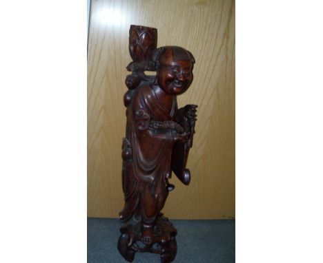 An early 20th century Chinese hardwood figure of a laughing twin as a lamp, 64.5cm (25.25 in) high  Good but for screw holes 