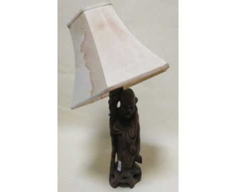 A carved wood figure of Shoulao, 35cm high, fitted as a lamp  