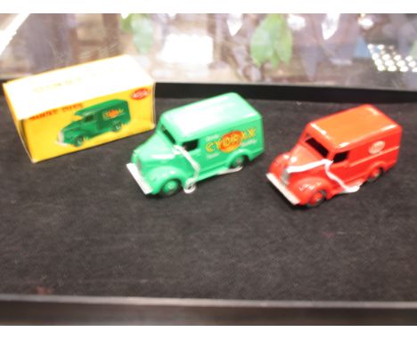 Dinky Toys 454 Trojan Van Cydrax, good, green body and ridged hubs with smooth black tyres, boxed; another van - Esso, lightl